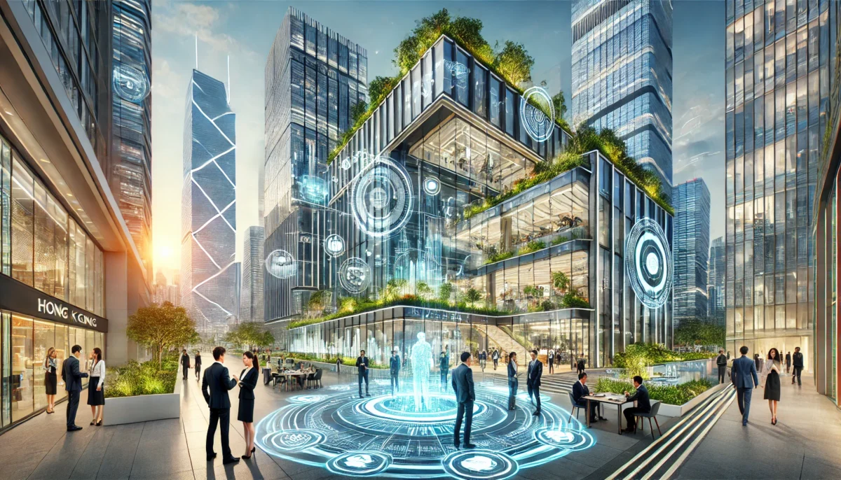 A sleek and modern business center in Hong Kong, featuring cutting-edge architecture and advanced design, representing a futuristic office environment.